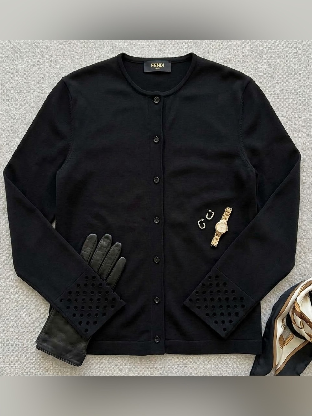 FENDI Black Knit Cardigan with Eyelet Cuff Detail - IT 46 / US 10